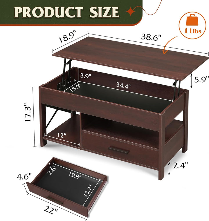 Lift Top Coffee Table with Hidden Storage, Espresso