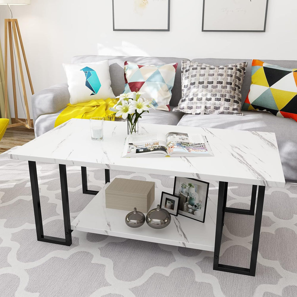 Faux Marble Coffee Table, Metal Frame, Storage Shelf, White Black