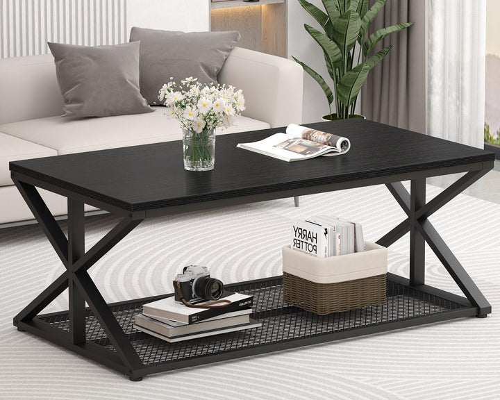 Versatile Black Oak Coffee Table with Storage, Modern Rectangular