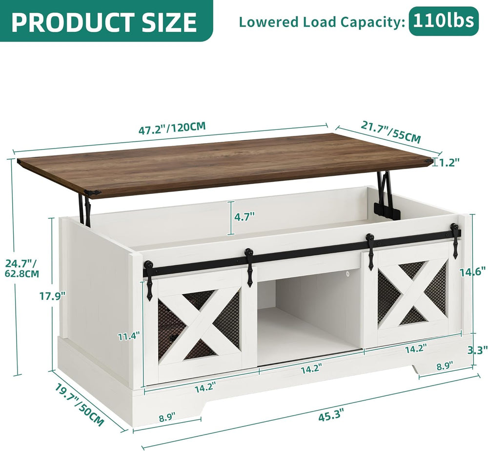 Rustic Farmhouse Coffee Table with Lift Top, Storage, Barn Door, Brown and White