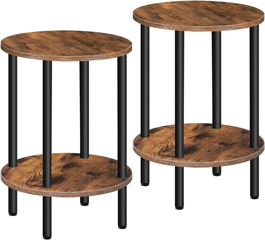 Round Side Table Set of 2, 2-Tier End Table, Rustic