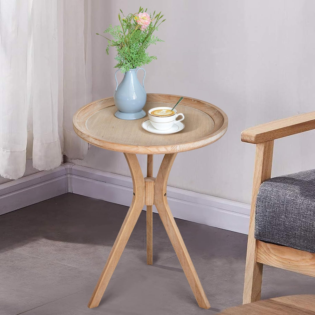 Farmhouse Side Table, Natural Wood Tray Top Sofa End Table