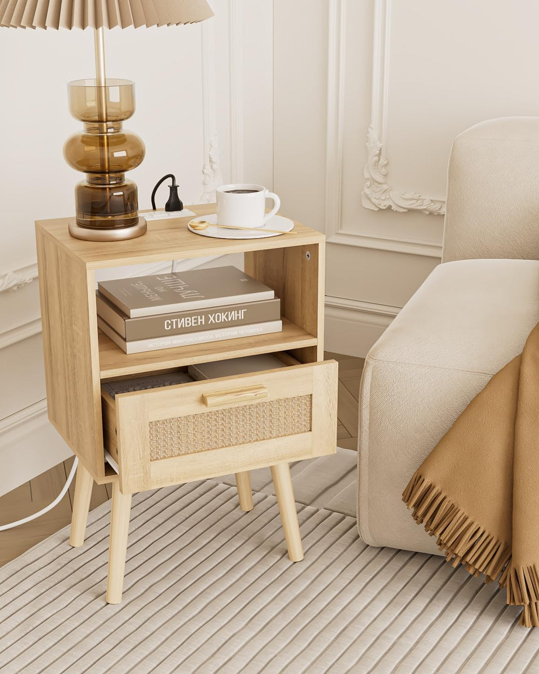 Nightstands with Charging Station, Rattan Drawers