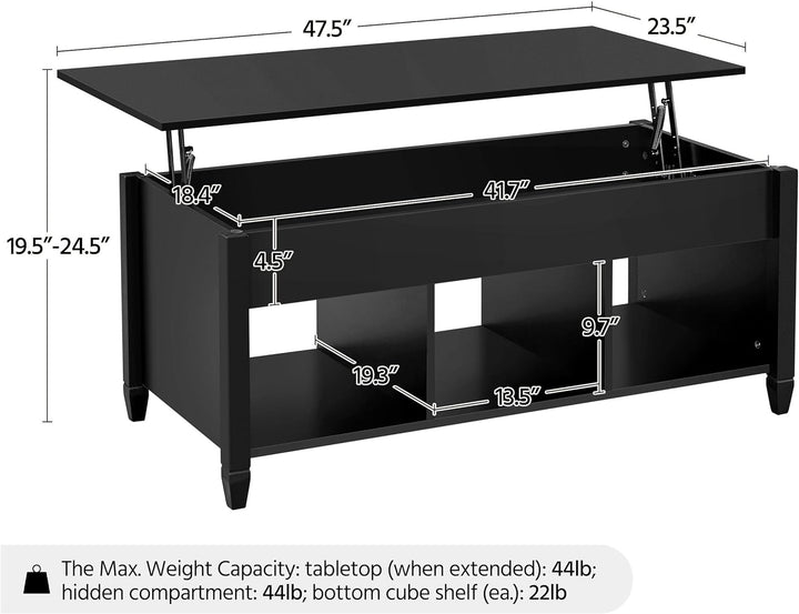 Lift Top Coffee Table with Hidden Compartment, 47.5 Inches, Black