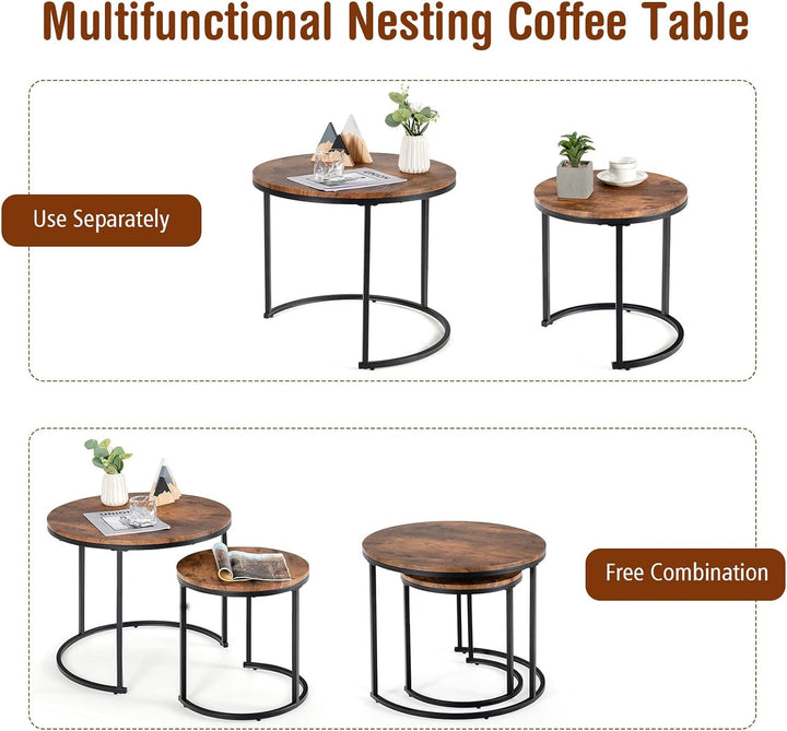 Nesting Coffee Table Set, Round Stacking Side Tables, Rustic Brown