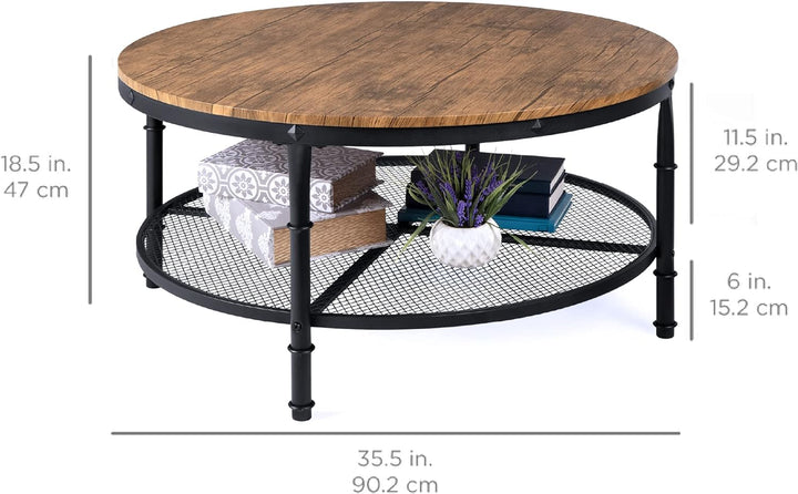 Rustic Industrial 2-Tier Round Coffee Table, Wooden Tabletop, Brown