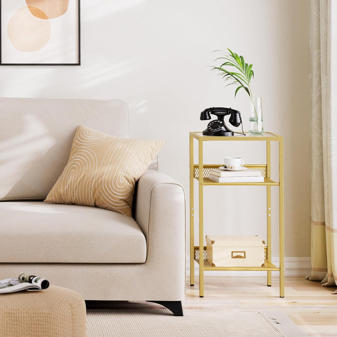 Tall End Table, Gold Side Table with Mesh Shelves