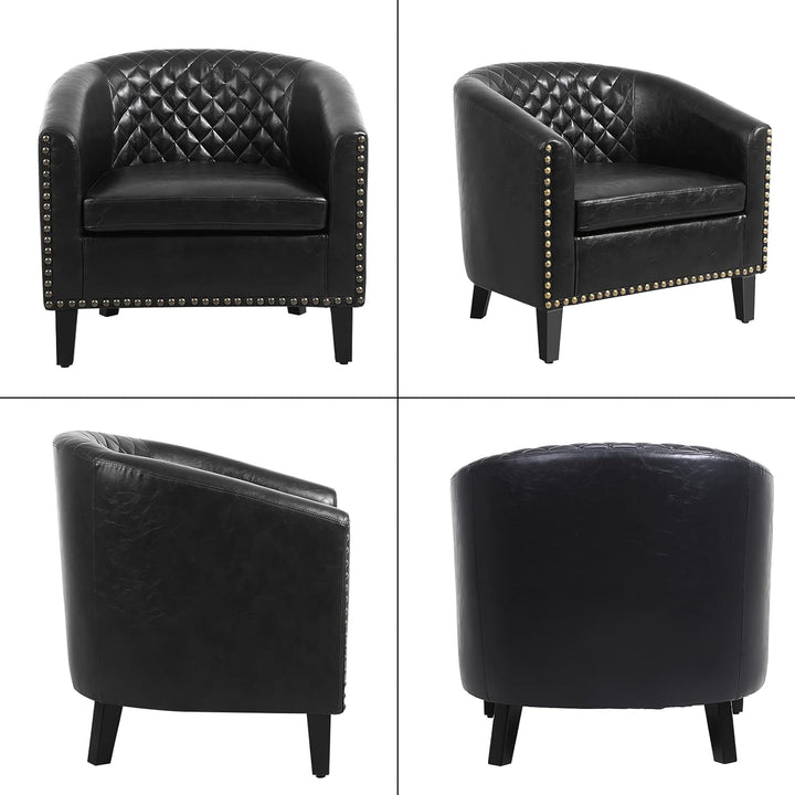 Armchair Barrel Club Chair,Modern PU Leather Accent Chair Arm Club Chair w/Nailheads and Solid Wood Legs,Tub Barrel Style Lounge Chair (Black)