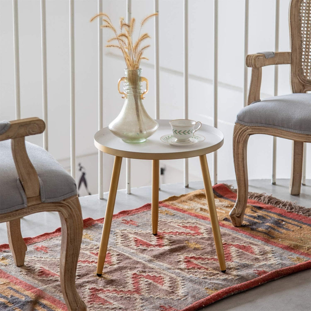 Small Round Side Table, White, 3 Gold Legs