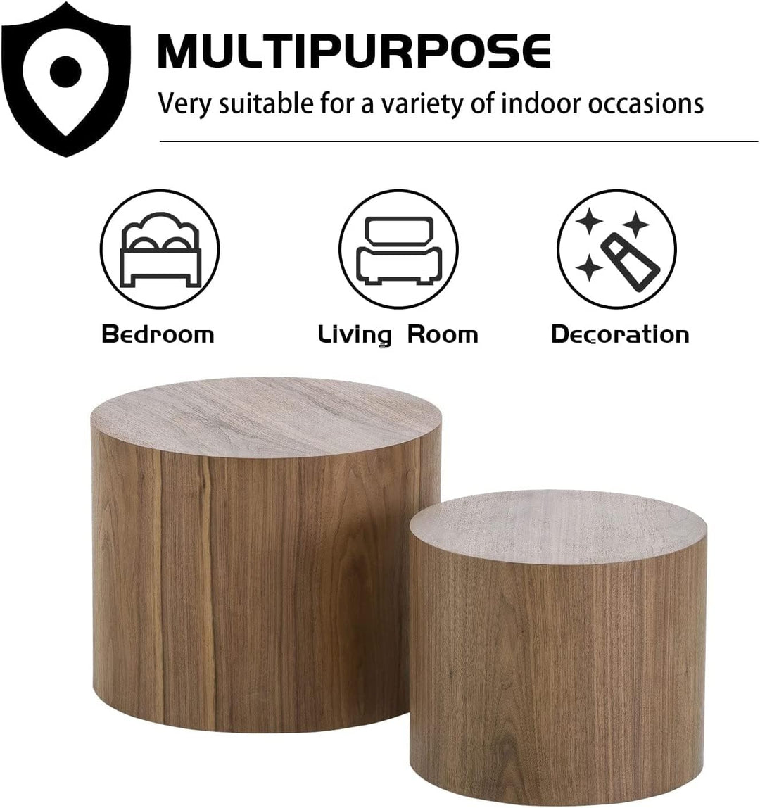 Wood Round Coffee Table Set of 2, Walnut Nesting Table Set