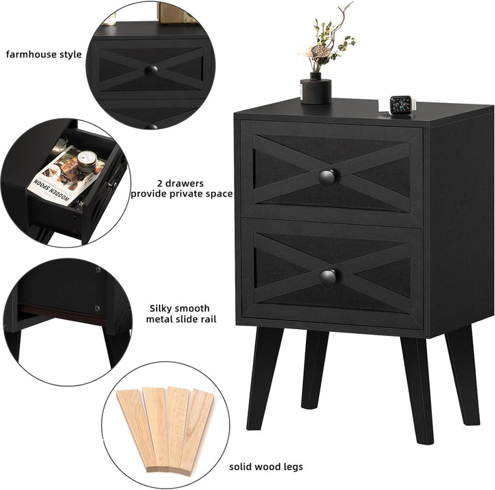 Nightstand Set of 2, Black End Table with 2 Drawers