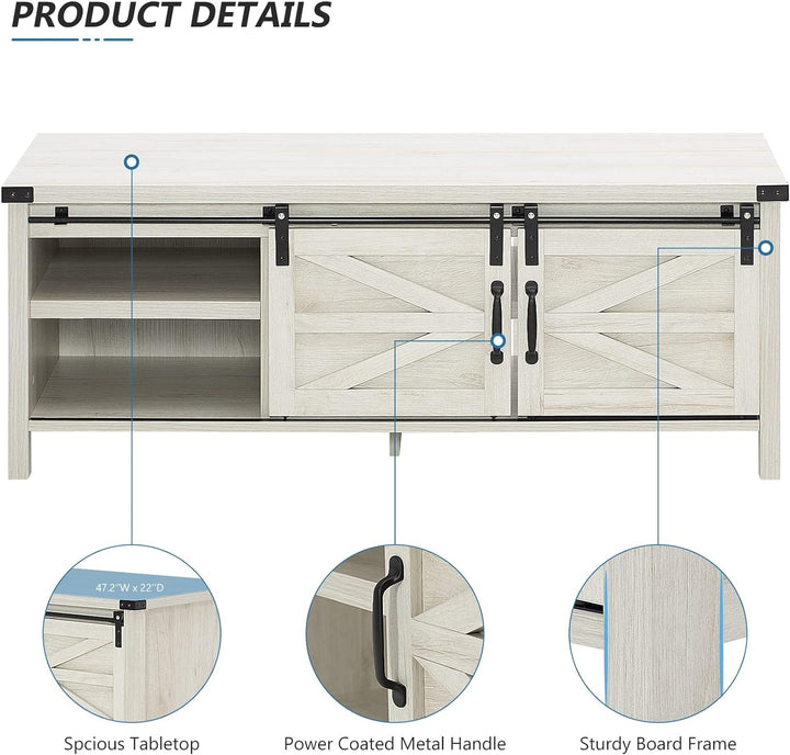 Rustic Farmhouse Coffee Table with Sliding Barn Doors, White