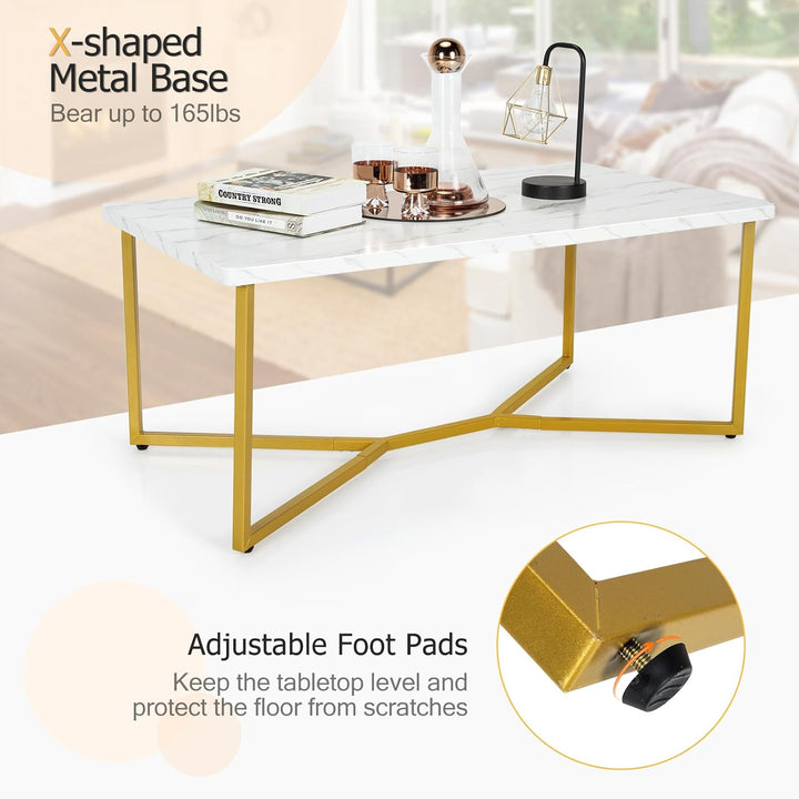 Modern Coffee Table with Faux Marble Top, Golden Legs, White, Golden