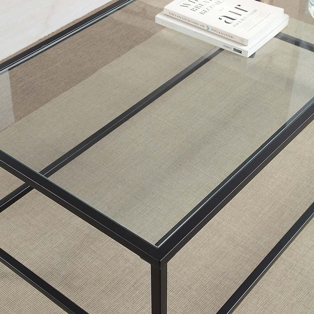 Black Coffee Table, Tempered Glass Wide Rectangle, Black