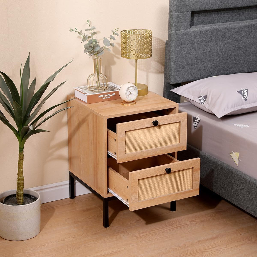 Nightstands Set of 2, Rattan Drawers, Metal Legs