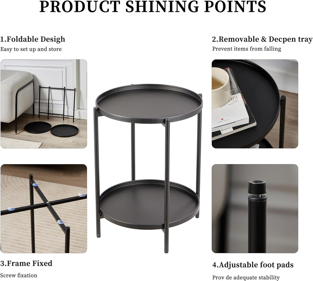 2 Tier Round Metal Side Table, Tiered End Tables