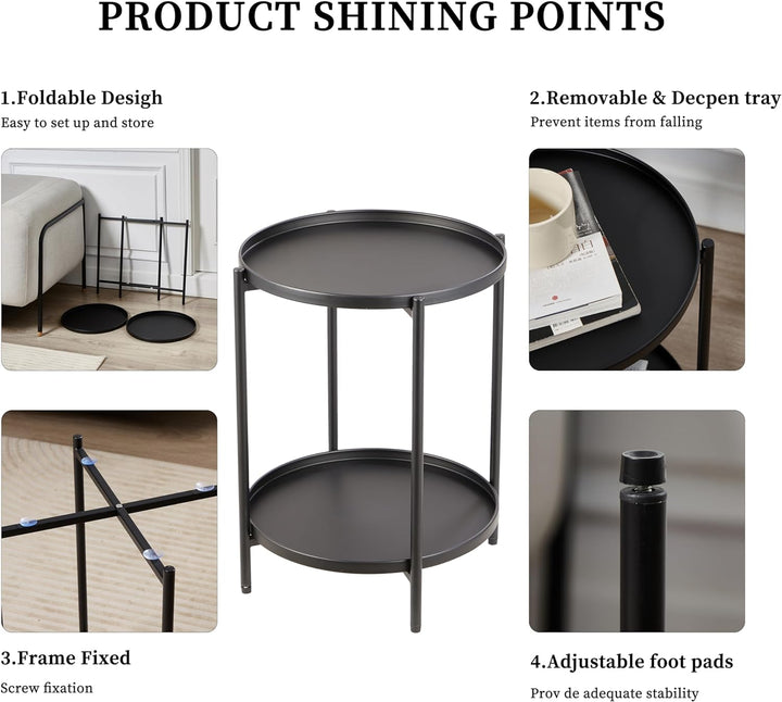 2 Tier Round Metal Side Table, Tiered End Tables