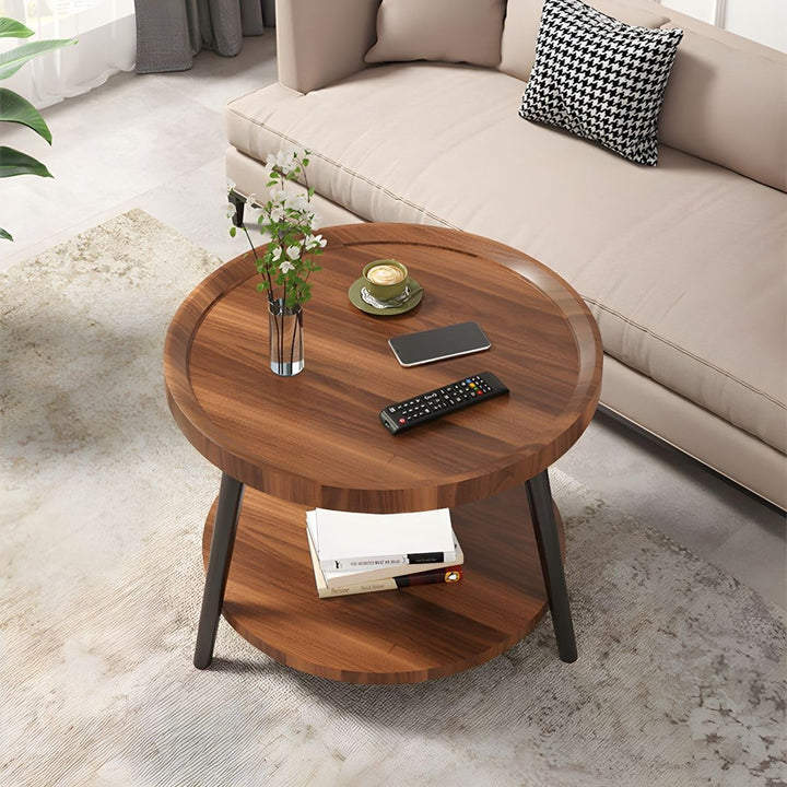 Round Coffee Table, Living Room Table with 2-Tier Storage, Walnut