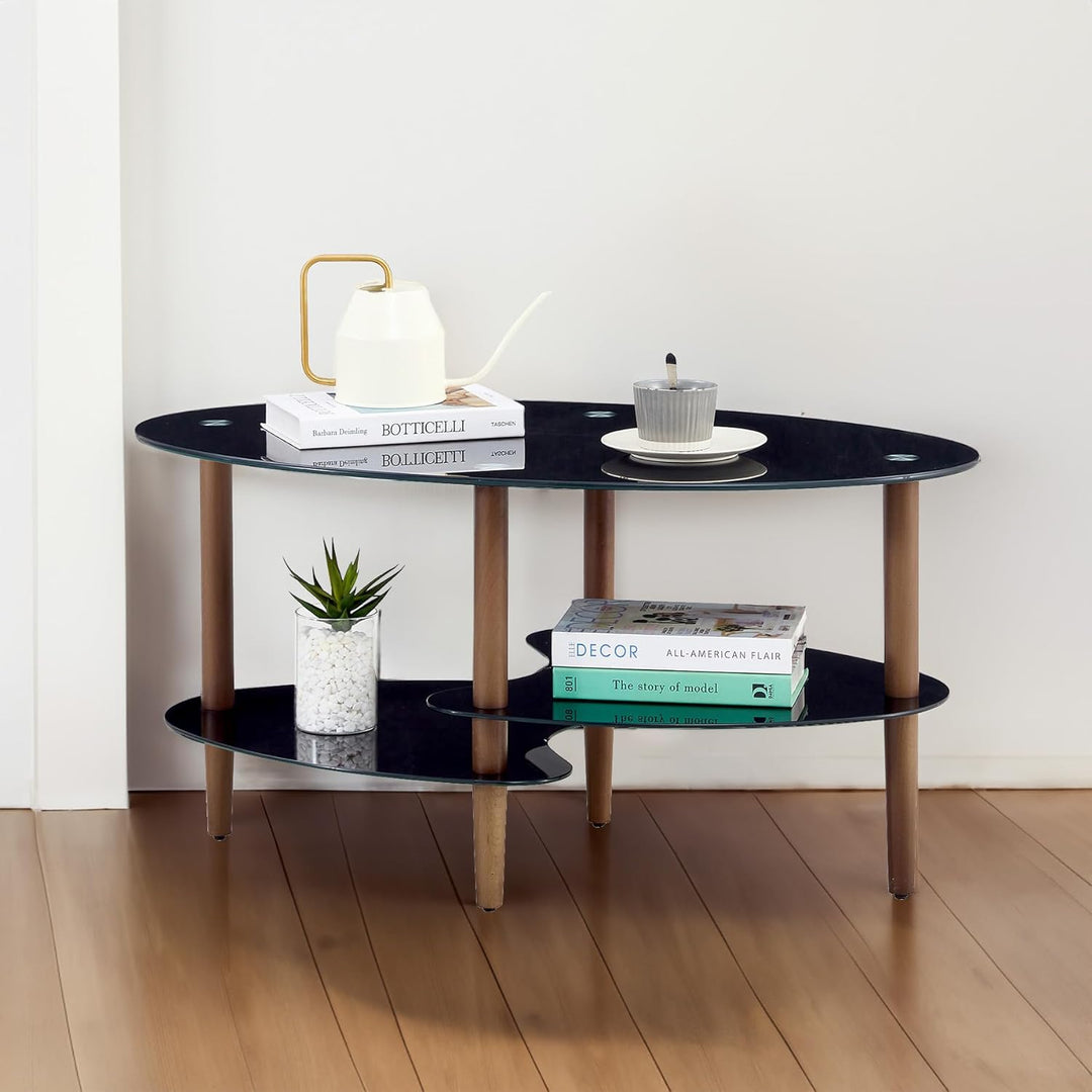 Modern Oval Glass Coffee Table with Oak Wood Legs, Black