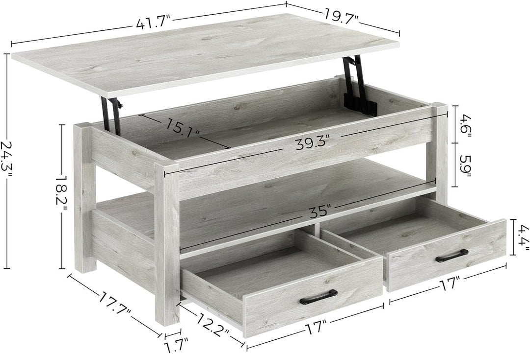 Lift Top Coffee Table with Drawers and Hidden Compartment, Grey