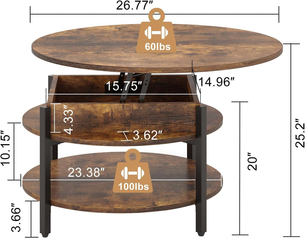 Rustic Brown Round Lift Top Coffee Table with Hidden Storage