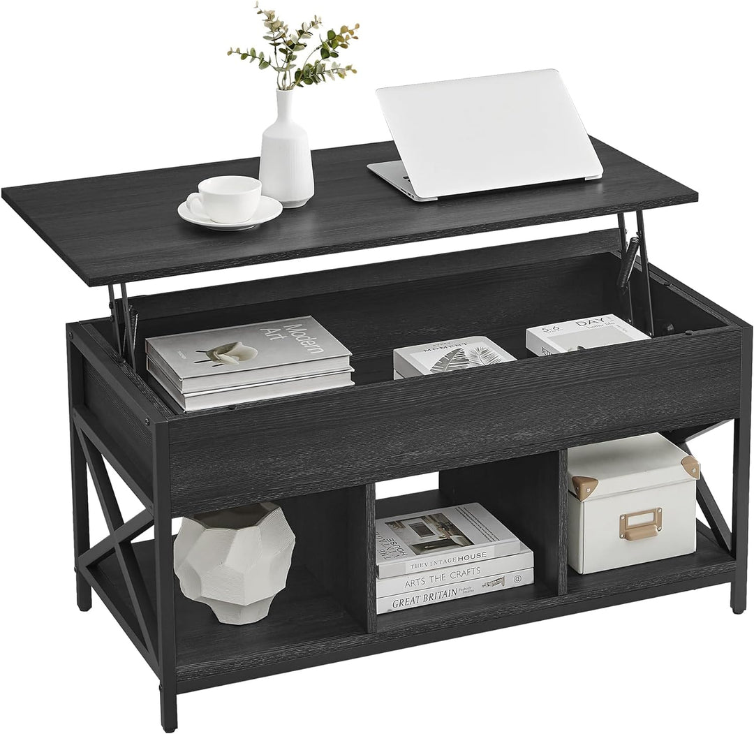 VASAGLE Lift Top Coffee Table with Hidden Storage, Black Wood