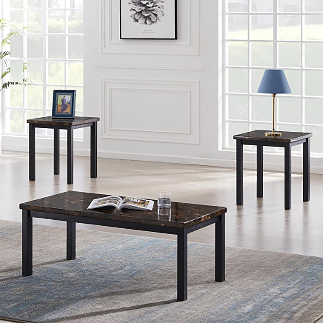 Lamerge Modern Marble Coffee End Table Set, 3-Piece, Brownblack