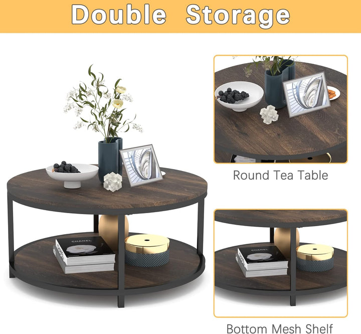 Rustic Round Coffee Table with Wooden Surface, Metal Legs, Storage