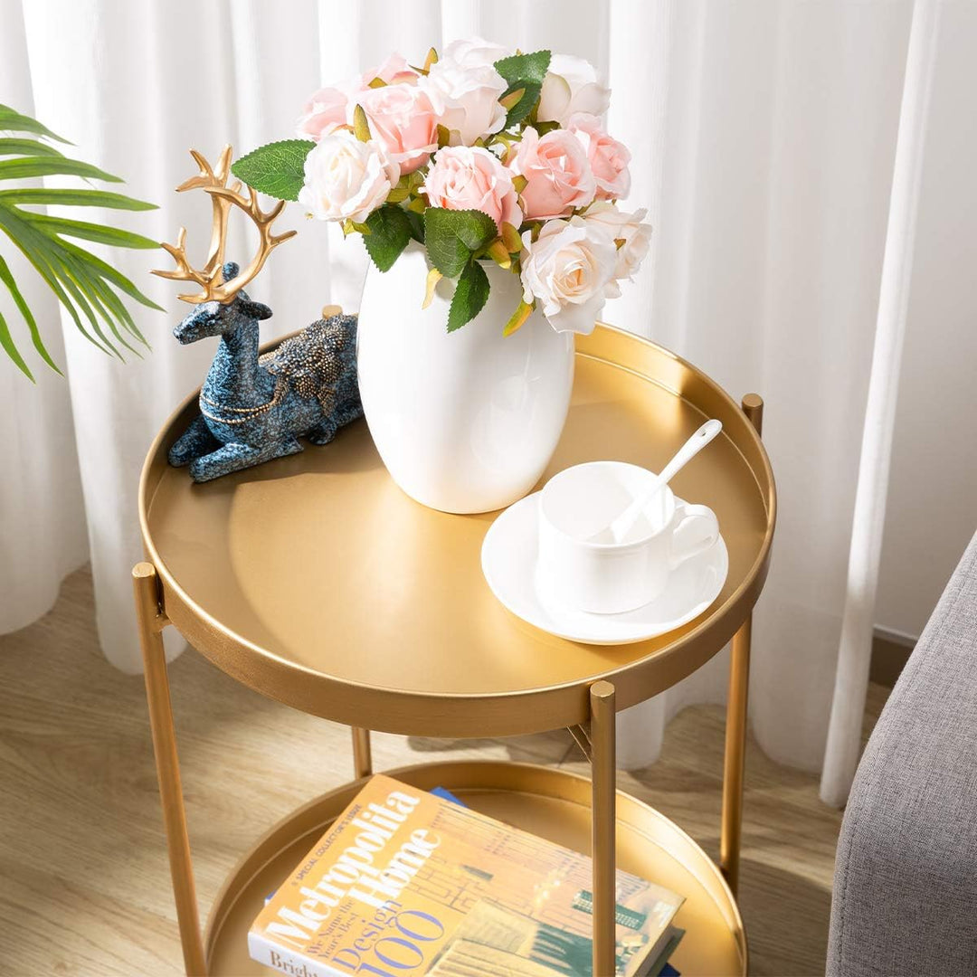 2-Tier Round Metal End Table, Golden Accent Table