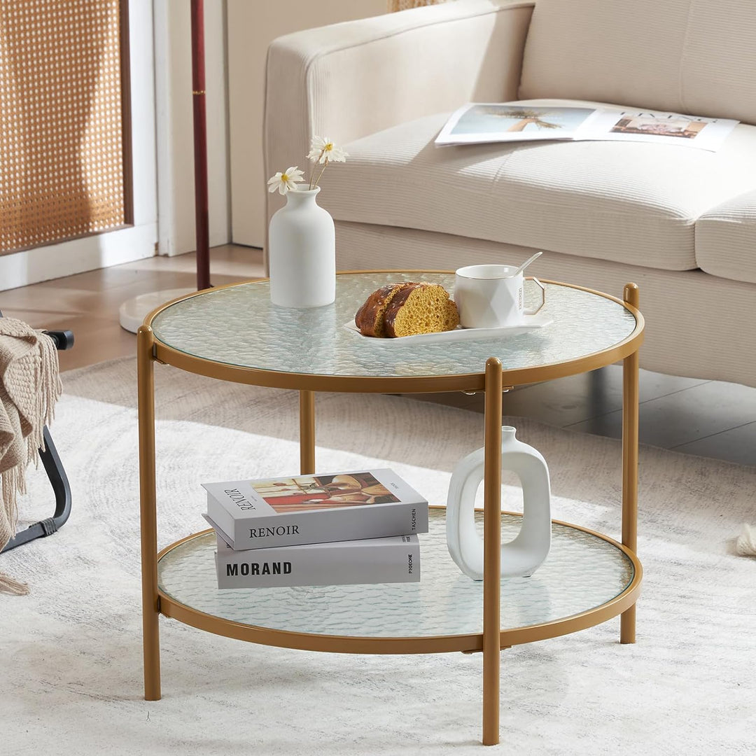 Matte Gold Round Coffee Table, 2-Tier Storage Design, Living Room