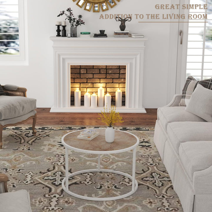 Marble Coffee Table, Small Round Center Table, Boho Style, Cream White