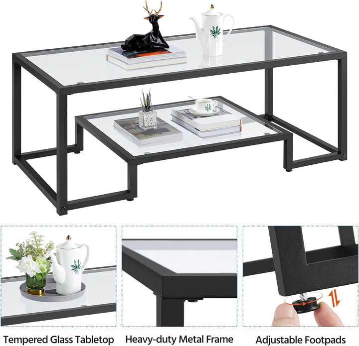 Tempered Glass Coffee Table, Geometric Design, Metal Frame, Black