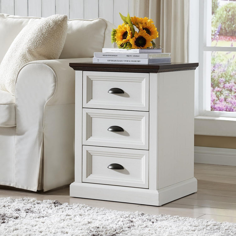 White Nightstand with Charging Station, 3 Drawer End