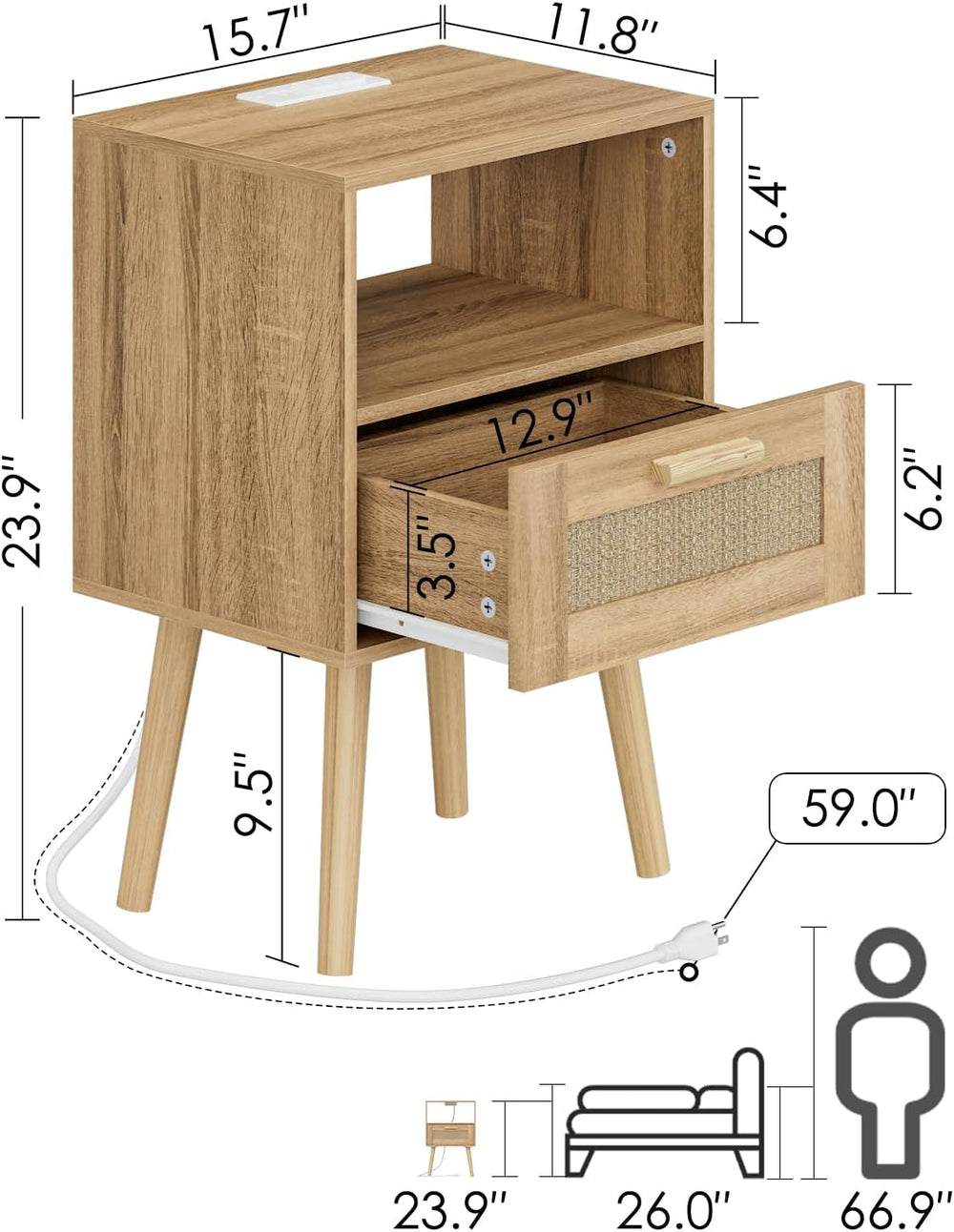 Nightstands with Charging Station, Rattan Drawers