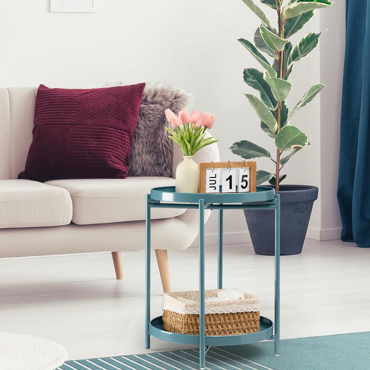 2 Tier Round Side Table, Folding Metal End Tables