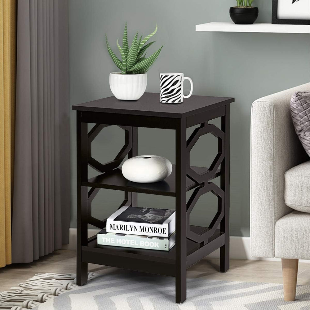 3-Tier Nightstand, Omega End Table, Storage Shelves, Espresso