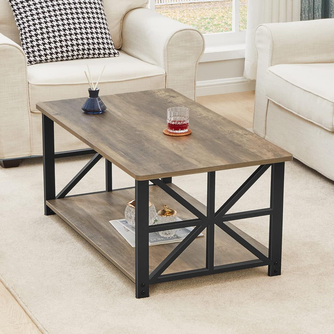 Farmhouse Coffee Table with Round Corners, Storage Shelf, Gray Wash