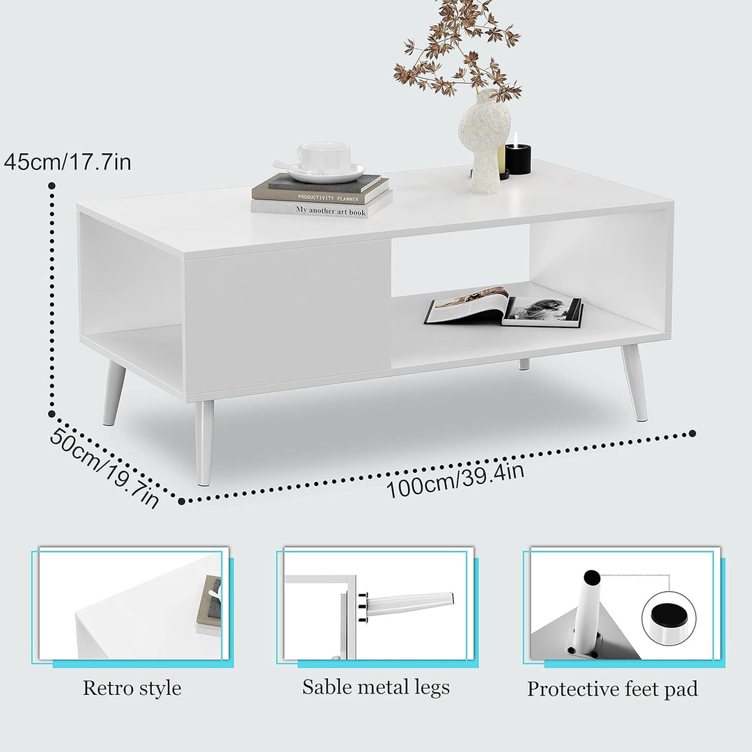 Yusong Modern Wood Coffee Table, Retro Mid-Century Center Tables, White