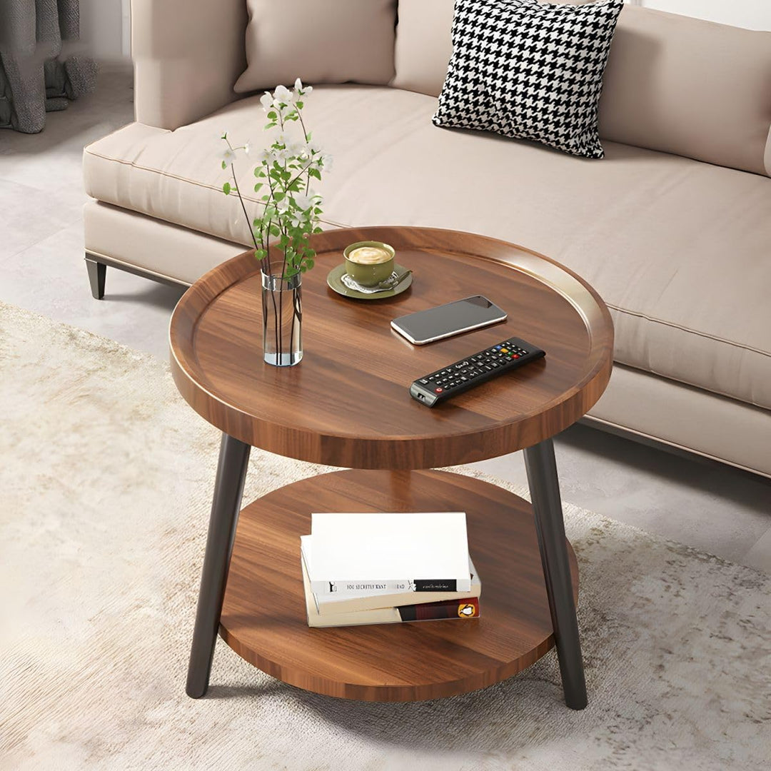 Round Coffee Table, Living Room Table with 2-Tier Storage, Walnut