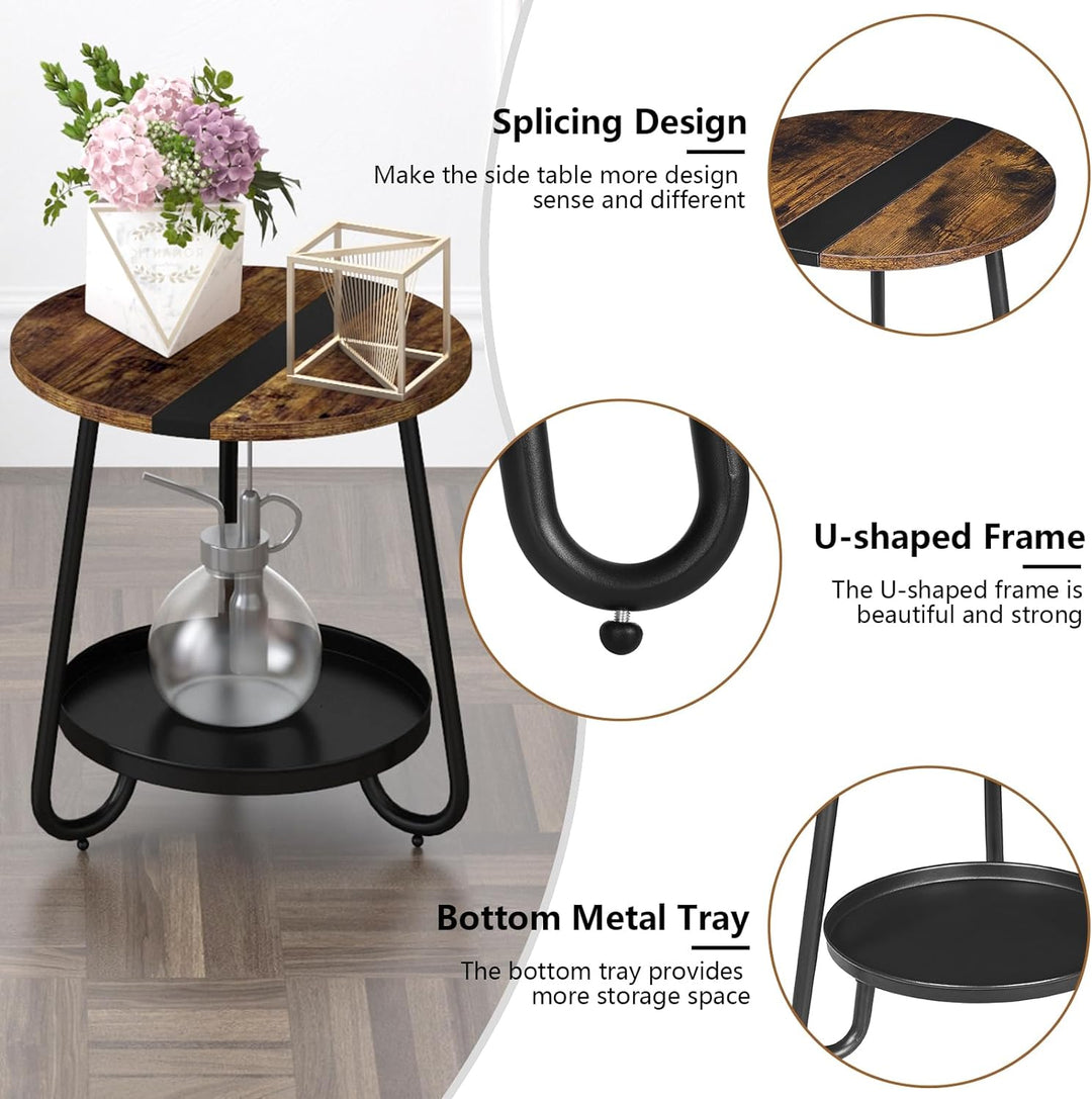 Versatile Industrial-Style Round End Table with Metal Tray, Rustic Brown