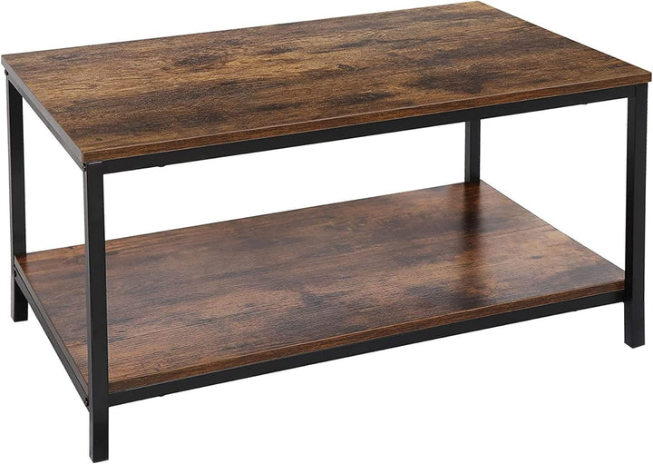 Rustic 2-Tier Industrial Coffee Table with Storage Shelf, Rectangular Wood and Metal TV Stand