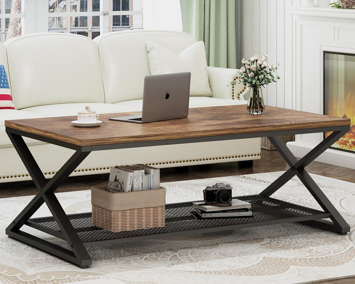 Rustic Coffee Table with Storage, Industrial 2-Tier Center Table, Rustic Brown