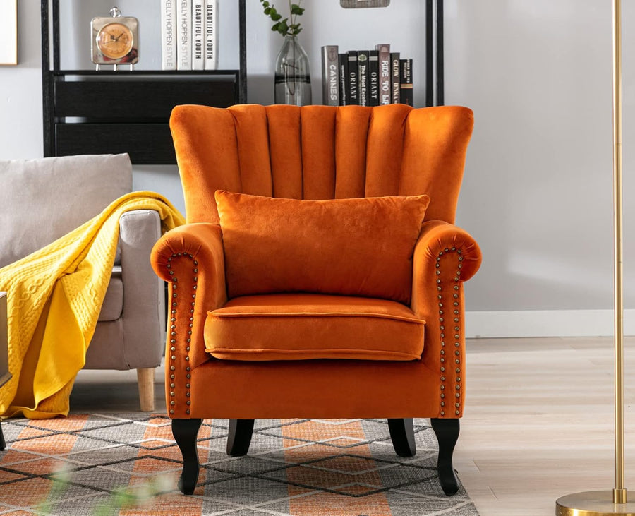 Orange Accent Chair Velvet Wingback Chair w/ Pillow