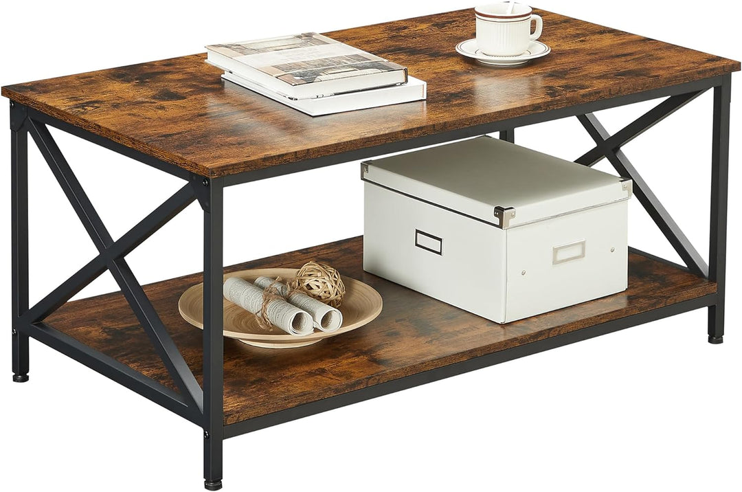 Rustic Coffee Table with Storage Shelf, Industrial Farmhouse