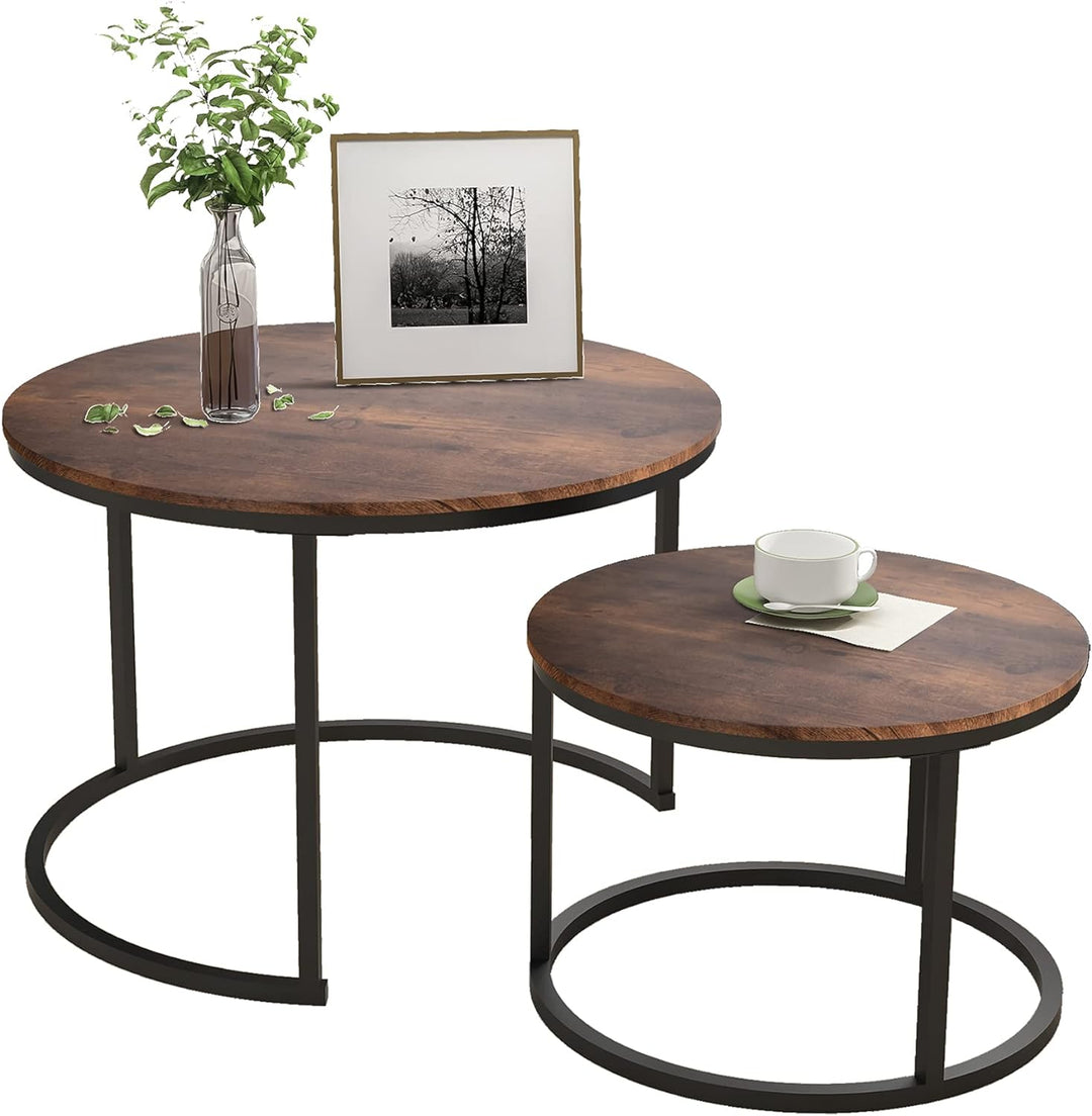 Industrial Round Coffee Table Set, Stacking Side Tables, Rustic Brown