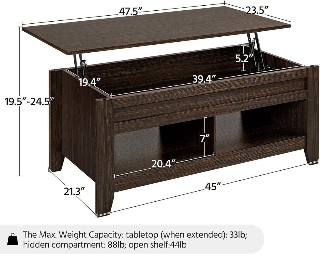 Lift Top Coffee Table with Hidden Storage and Open Shelves, Espresso