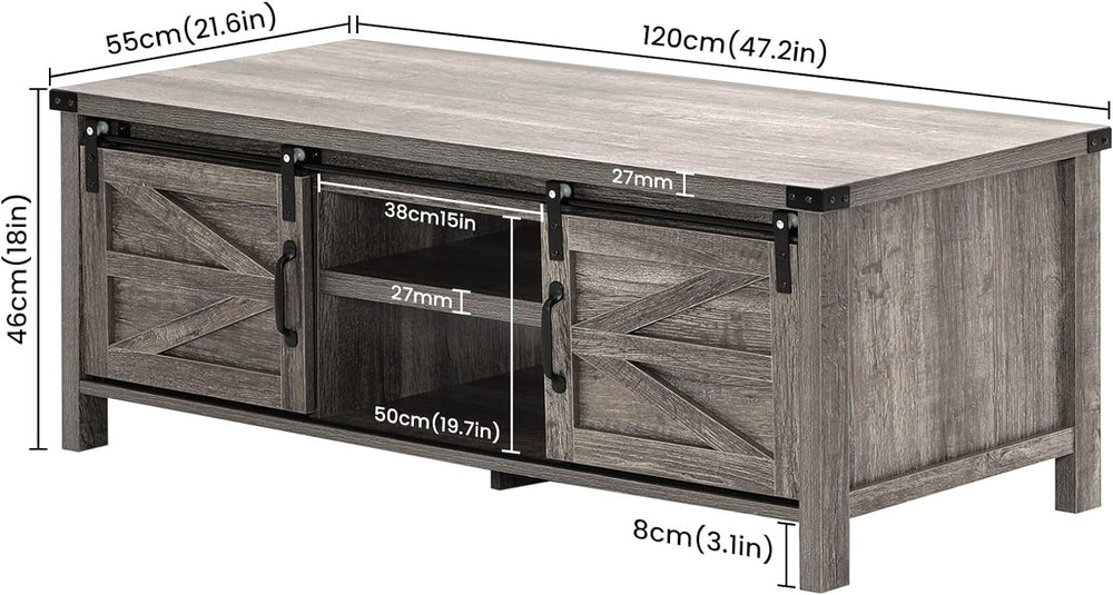 Farmhouse Coffee Table with Hidden Storage, Sliding Doors, Dark Grey