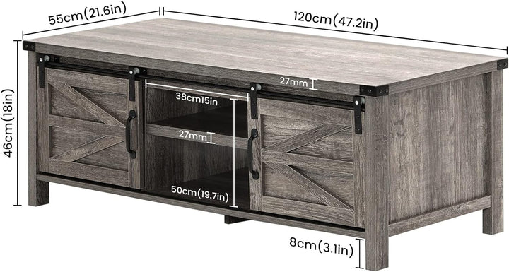 Farmhouse Coffee Table with Hidden Storage, Sliding Doors, Dark Grey