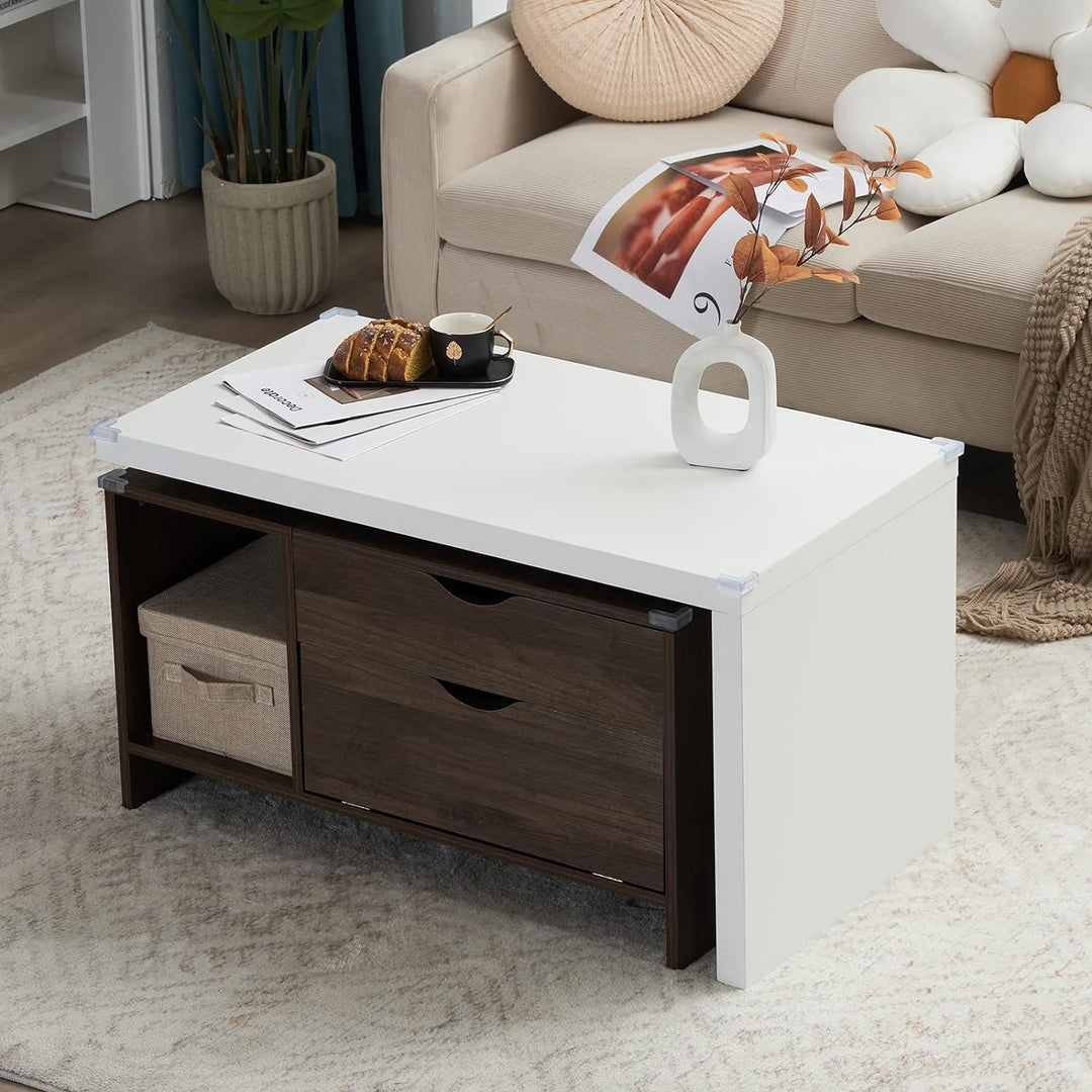 Versatile Extendable Wood Coffee Table with Storage, Walnut & White