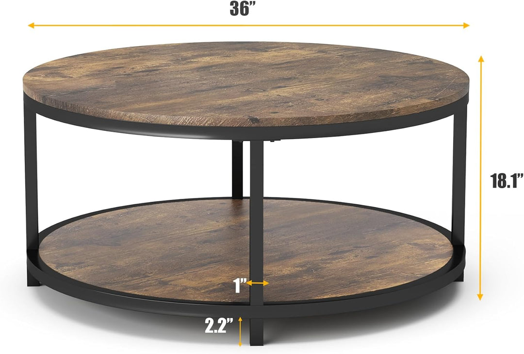 NSdirect 36" Round Rustic Wooden Coffee Table, Industrial Sofa Table